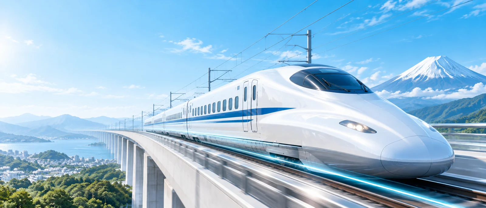 AI-generated concept illustration of a white bullet train on sunlit rails with blue light trails